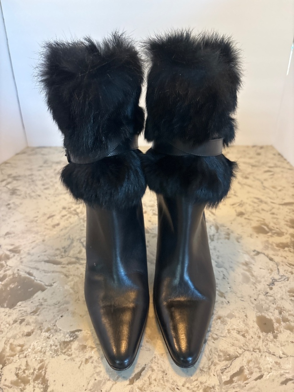 EUC  Coach Marlow Black Leather High Heel Mid Calf Boots Rabbit Fur Trim 6.5 - Picture 5 of 6